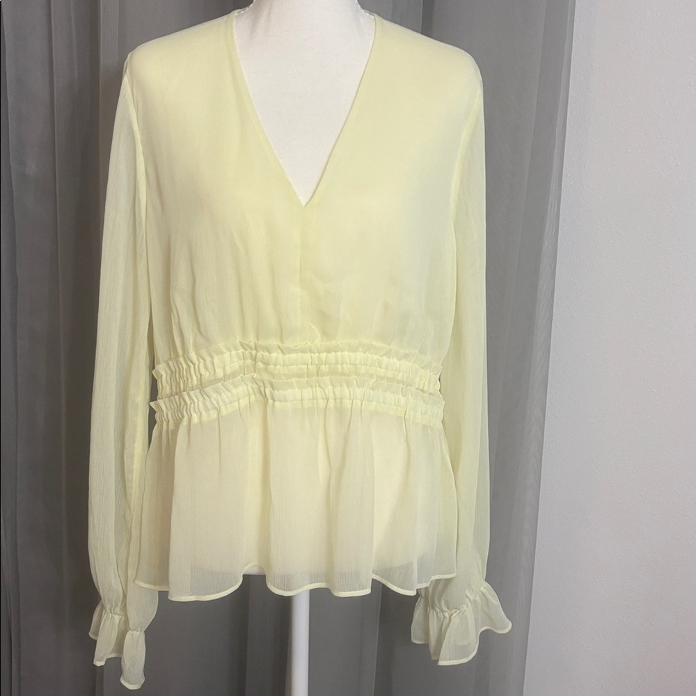 Express Sheer Light Yellow Ruffle Blouse Size L NWT Feminine V Neck Top